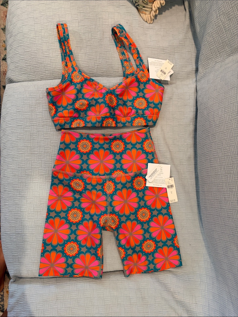 Beyond Yoga Floral Retro Bra & High-Waist Bike Shorts Set Teal, Pink, Orange